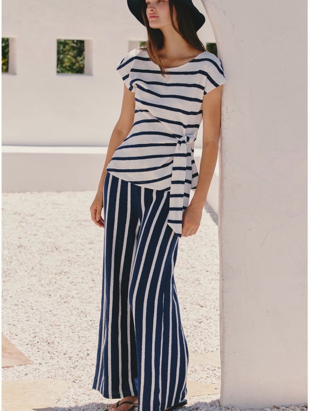 Striped Navy & White Wide-Leg Terry Cloth Pant